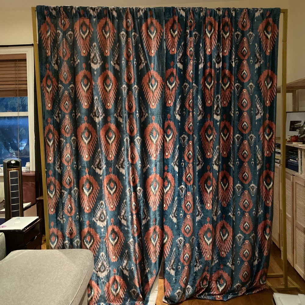 Anthropologie Blue and Orange Patterned Curtains